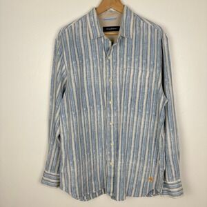 Tommy Bahama Mens Linen Stripe Button Up‎ Shirt Sz Large Blue Marlin Logo Pocket